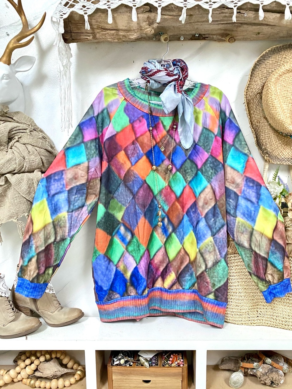 BNWOT Diamond multicoloured print summer boho sweater/dress w cottagecore vibe